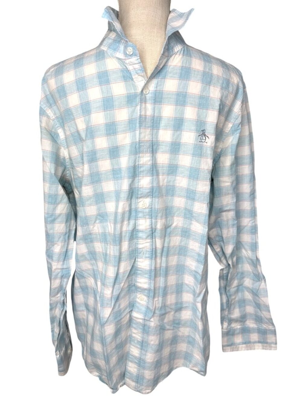 Original Penguin Mens Heritage Slim Fit Shirt Blue & White Plaid L
